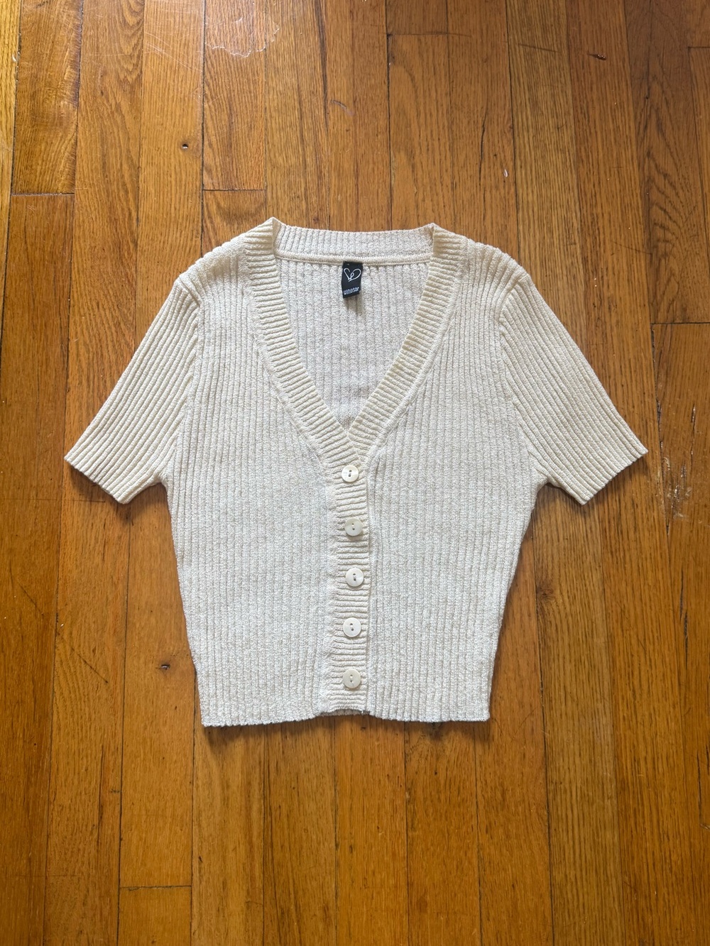 Windsor Cream Short-Sleeve Ribbed Button-Up Cardigan (cropped)